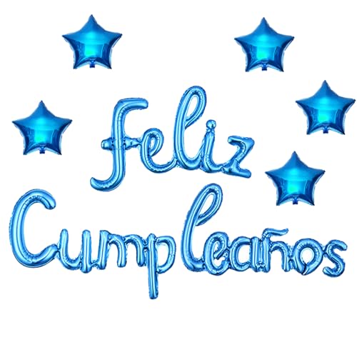 PANRRPERS Feliz Cumpleanos Ballonbanner Spanisch Happy Birthday Banner mit 5 Stück Sternballons Fiesta Party Thema (Blau) von PANRRPERS