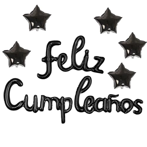 PANRRPERS Feliz Cumpleanos Ballonbanner Spanisch Happy Birthday Banner mit 5 Stück Sternballons Fiesta Party Thema (Schwarz) von PANRRPERS