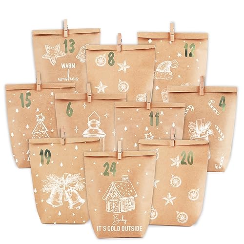 PANSIBY Adventskalender zum Befüllen, 24 Weihnachtskalender Geschenk Papiertüten Groß zum Selber Befüllen, Kraftpapiertüten Advents Tüten Selbstbefüllen mit Aufkleber für Kinder & Erwachsene von PANSIBY