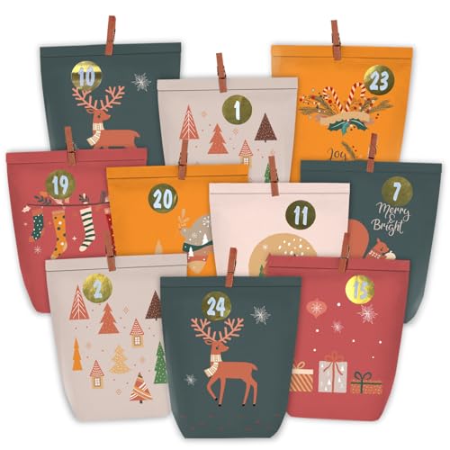 PANSIBY Adventskalender zum Befüllen, 24 Weihnachtskalender Geschenktüten zum Selber Basteln, Papiertüten mit Aufklebern zum Selbst Füllen, Kraftpapiertüten Boho Advents Selbstbefüllen von PANSIBY