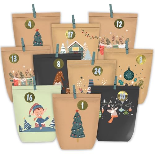 PANSIBY Adventskalender zum Befüllen, 24 Weihnachtskalender Papiertüten mit Zahlen Aufkleber zum Selber Basteln, Geschenktüten Advents für Kinder und Erwachsene von PANSIBY