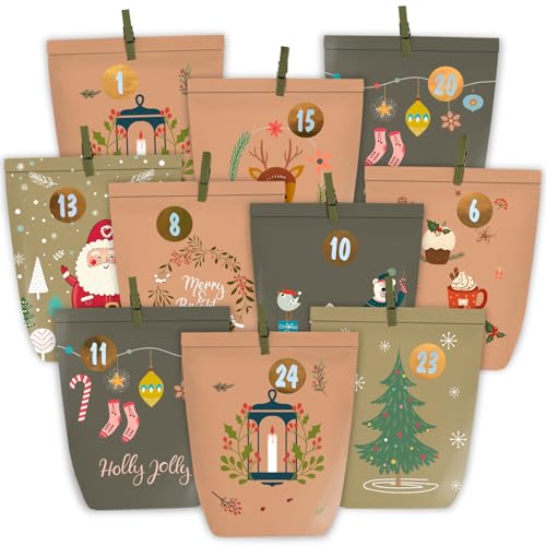 PANSIBY Adventskalender zum Befüllen, 24 Weihnachtskalender Papiertüten zum Selber Basteln, Advents Tüten mit 1-24 Aufkleberzahlen zum Selbst Füllen von PANSIBY