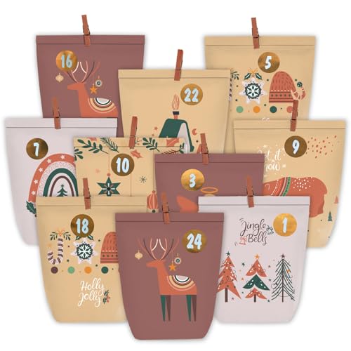 PANSIBY Adventskalender zum Befüllen, 24 Weihnachtskalender Papiertüten zum Selber Basteln, Advents Weihnachtstüten mit 1-24 sticker zum Selbst Füllen von PANSIBY