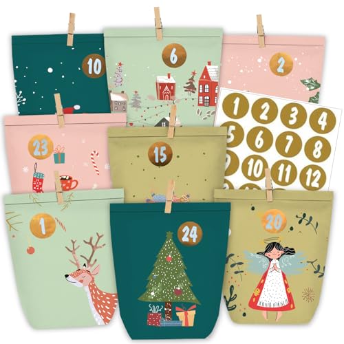 PANSIBY Adventskalender zum Befüllen, 24 Weihnachtskalender Papiertüten zum Selber Basteln, Adventstüten mit 1-24 Adventzahlen sticker zum Selbst Füllen von PANSIBY