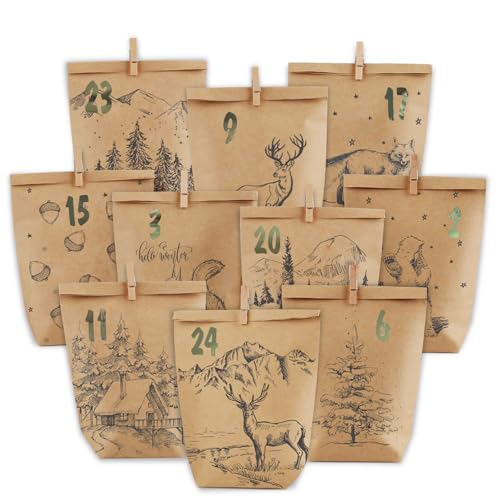 PANSIBY Adventskalender zum Befüllen, 24 Weihnachtskalender Papiertüten zum Selbstbefüllen, Geschenk Kraftpapiertüten Advents Tüten Selber Befüllen für Kinder Erwachsene von PANSIBY