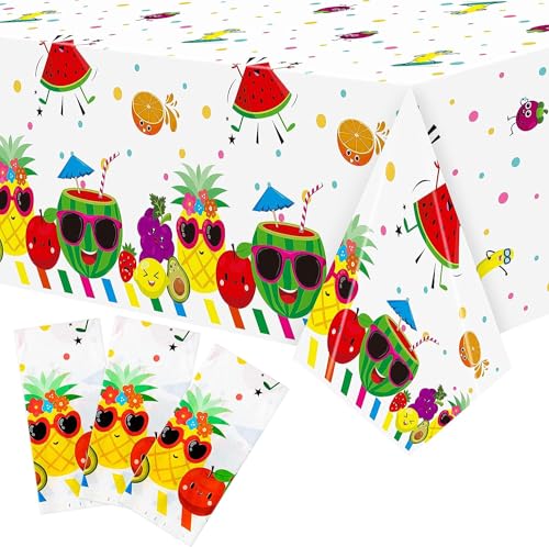 PANTIDE 3-Packung Frucht-Thema Tischdecken-Deko: Wassermelone, Ananas, Einweg-Plastik Tischdecken für Kinder-Geburtstag, Baby-Shower, Sommer-Frucht-Hawaii-Party-Deko-Material, 54x108 Zoll von PANTIDE