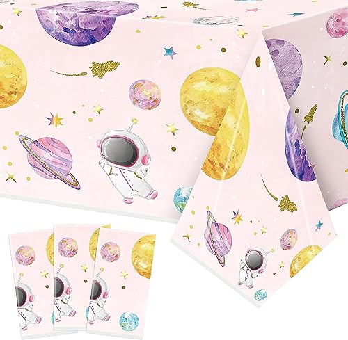 PANTIDE 3Packs Rosa Aquarell Outer Space Kunststoff Tischdecken Party Dekorationen Galaxie Raum Einweg Rechteck Rosa Tischdecke für Kinder Geburtstag Baby Dusche Party Gunst Tischdekoration Versorgung von PANTIDE