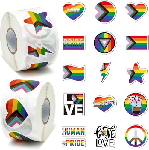 PANTIDE LGBTQ Regenbogenflagge Klebezettel - 1000 Stk LGBTQ Regenbogenflagge Klebezettel in 2 Rolle, wasserdichtes Vinyl Gay Pride Decals für Transgender lesbische, bisexual, nicht binäre Pride von PANTIDE