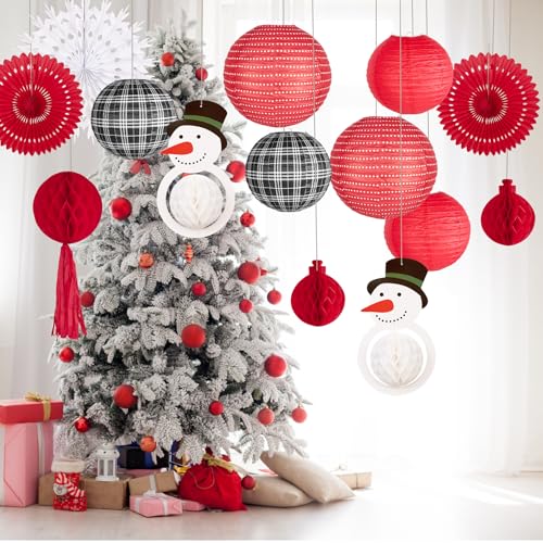 14 Stück schwarz rot Büffel Karo 3D Schneemann Weihnachten Papierlaterne Dekoration Schneeflocke Wabenpapier Fächer Girlande Set Indoor Outdoor Urlaub Xmas Hängende Ornament Party Supplies Kit 30,5 von PAPER FAIR