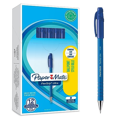 PAPER MATE Flexgrip Ultra-Kugelschreiber mit Kappe | mittlere Spitze (1,0 mm) | blau stifte set | Schulsachen und bürobedarf | 12er-Box von PAPER MATE