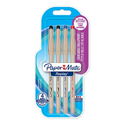 Paper Mate Replay Radierbarer Kugelschreiber | mittlere Spitze (1,0 mm) | sortierte Farben | 4 Stück von PAPER MATE