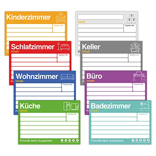 PAPERKIDDO 80 Stück Umzugsetiketten 15 x 10cm, Umzugsaufkleber zum Beschriften von Umzugskartons, 8 Farben Aufkleber Bunte Etiketten Selbstklebend Sticker für Übersicht beim Umzug von PAPERKIDDO