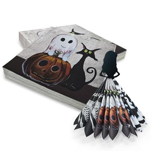 36 Stück Halloween Servietten 3-Lagig Servietten Halloween Tischdeko Kürbis Geist Kätzchen Papierservietten 33 x 33 cm Halloween Paper Napkins Party Deko von PAPU