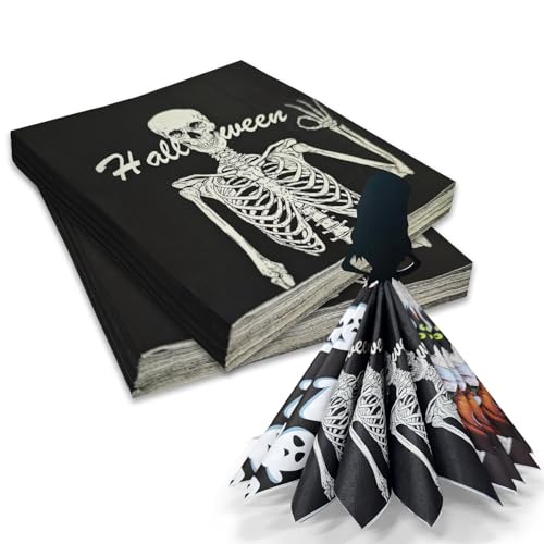 36 Stück Halloween Servietten Schwarze Skelett 3-Lagig Servietten Tischdeko Halloween Party Deko Papierservietten Paper Napkins(33 x 33 cm) von PAPU