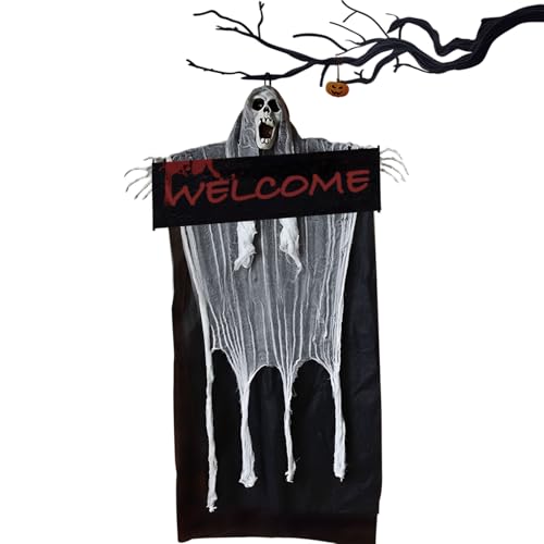 PAPU 150 cm Halloween Deko Hängende Geister mit Welcome Schild,Horror Sensenmann Dekorationen Ghost zum Aufhängen Halloween Deko Gruselig Geist für Spukhaus-Requisiten,Garten Outdoor,Hof Rasen von PAPU