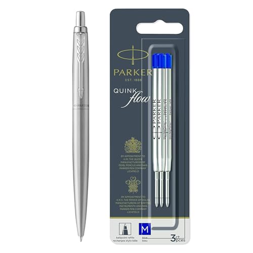 PARKER, Jotter XL Kugelschreiber | Monochromer Edelstahl | Mittlere Spitze | Blaue Tinte | Geschenkbox Kugelschreiberminen | Mittlere Spitze | Blaue QUINKflow-Tinte | 3 Zählen von PARKER