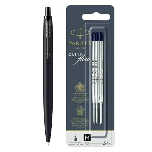 PARKER, Jotter XL Kugelschreiber | Monochromes Mattschwarz | Mittlere Spitze | Blaue Tinte | Geschenkbox Kugelschreiberminen | Mittlere Spitze | Schwarze QUINKflow-Tinte | 3 Zählen von PARKER