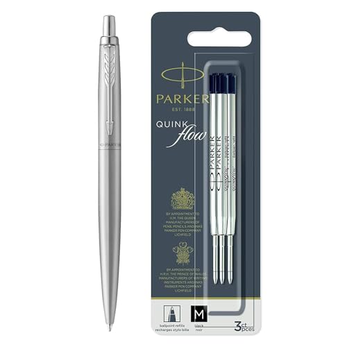 PARKER, Parker Jotter XL Kugelschreiber | Monochromer Edelstahl | Mittlere Spitze | Blaue Tinte | Geschenkbox und Parker-Kugelschreiberminen, mittlere Spitze, schwarze QUINKflow-Tinte, 3 Stück von PARKER