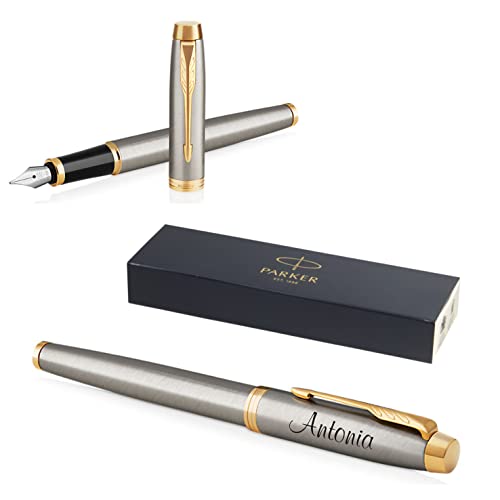 PARKER IM Core Füllfederhalter mit Gravur | Premium Stift | Geschenkbox | blaue Tinte | personalisiertes Geschenk | Namen | graviert | Füller | Geburtstag Geschenkidee (Brushed Metal G.C.) von PARKER