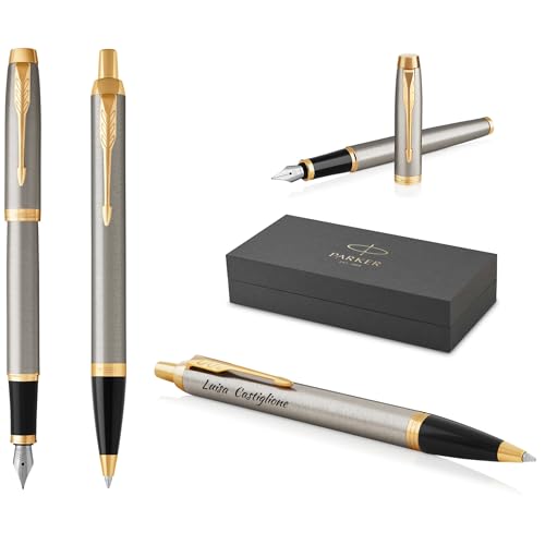 PARKER IM Core Füllfederhalter und Kugelschreiber mit Gravur | Premium Stift | Geschenkbox | schwarze Mine | personalisiertes Geschenk | Namen | graviert | Geburtstag (Brushed Metal G.C.) von PARKER