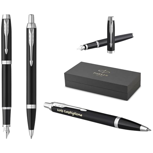 PARKER IM Core Füllfederhalter und Kugelschreiber mit Gravur | Premium Stift | Geschenkbox | schwarze Mine | personalisiertes Geschenk | Namen | graviert | Geburtstag (Matte Black C.C.) von PARKER