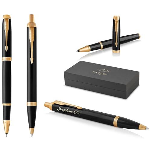 PARKER IM Core Rollerball und Kugelschreiber mit Gravur | Premium Stift | Geschenkbox | schwarze Mine | personalisiertes Geschenk | Namen | graviert | Geburtstag (Black Lacquer G.C.) von PARKER