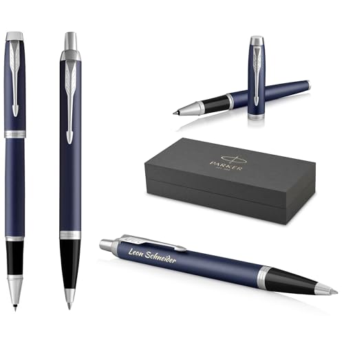 PARKER IM Core Rollerball und Kugelschreiber mit Gravur | Premium Stift | Geschenkbox | schwarze Mine | personalisiertes Geschenk | Namen | graviert | Geburtstag (Matte Blue C.C.) von PARKER