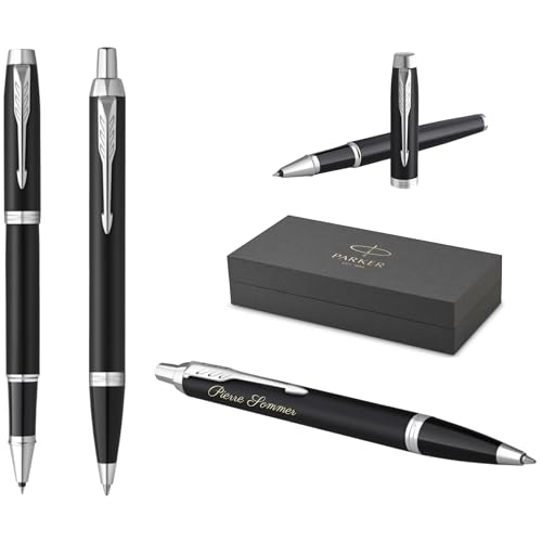 PARKER IM Core Tintenroller und Kugelschreiber mit Gravur | Premium Stift | Geschenkbox | schwarze Mine | personalisiertes Geschenk | Namen | graviert | Geburtstag (Matte Black C.C.) von PARKER