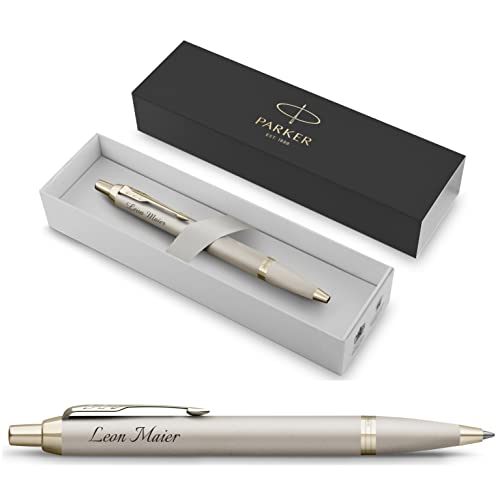 PARKER IM Monochrome Kugelschreiber mit Gravur | Premium Stift | Geschenkbox | blaue Tinte | personalisiertes Geschenk | Namen | graviert | Jahrestag | Geburtstag | Geschenkidee (Champagne) von PARKER