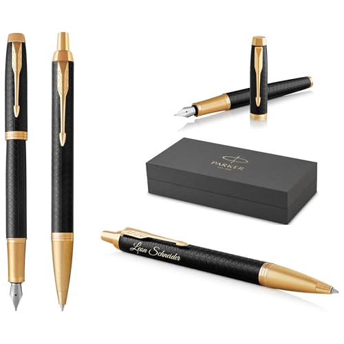 PARKER IM Premium Füllfederhalter und Kugelschreiber mit Gravur | Premium Stift | Geschenkbox | blaue Tinte | personalisiertes Geschenk | Jahrestag | Geburtstag (Black/Gold G.C.) von PARKER