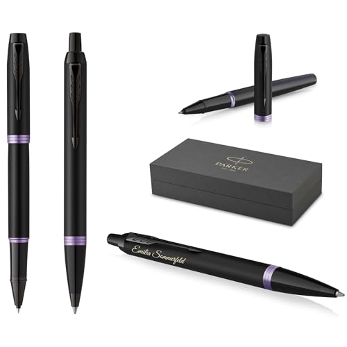 PARKER IM Professionals Vibrant Rings Set Tintenroller und Kugelschreiber mit Gravur | Premium Stift | Geschenkbox | personalisiertes Geschenk | Namen | graviert | Geburtstag (Purple PVD) von PARKER