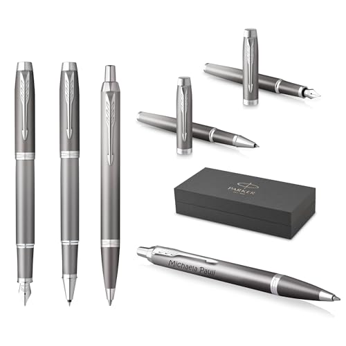 PARKER IM Rituals 3er Set Kugelschreiber und Füllfederhalter und Tintenroller mit Gravur | Premium Stift | Geschenkbox | personalisiert | Geburtstag (Grey Chrome) von PARKER