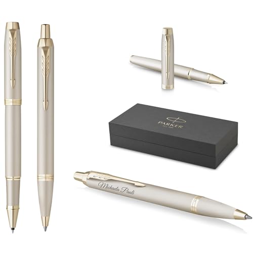 PARKER Schreibset IM Professionals Monochrome Kugelschreiber und Tintenroller mit Gravur | Premium Stift | Geschenkbox | personalisiert | graviert | Jahrestag | Geburtstag (Champagne) von PARKER