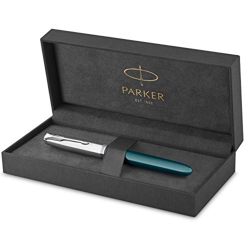 Parker 51 Füller | Petrolblauer Schaft mit Chromfarbenen Zierteilen | Füllfederhalter mit feiner Feder und schwarzer Tintenpatrone | Geschenkbox von PARKER