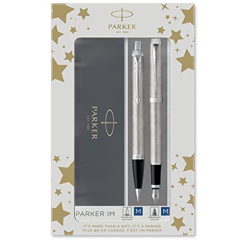 Parker IM Duo-Geschenkset mit Kugelschreiber & Tintenroller | Brushed Metal mit Goldzierteilen | Nachfüllen schwarz | Geschenkbox, 1 stück (1er Pack) von PARKER