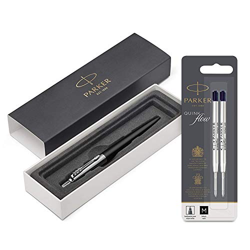 Parker Jotter Bond Street Black C.C. - Kugelschreiber + Parker 1950372 Quinkflow Nachfüllmine für Kugelschreiber mit mittlerer Spitze, 2er Packung, schwarz von PARKER