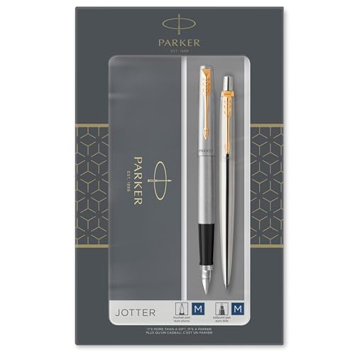 Parker Jotter Duo-Geschenkset mit Kugelschreiber und Füller Edelstahl mit Goldzierteilen Nachfüllmine und -patronen mit blauer Tinte Geschenkbox von PARKER