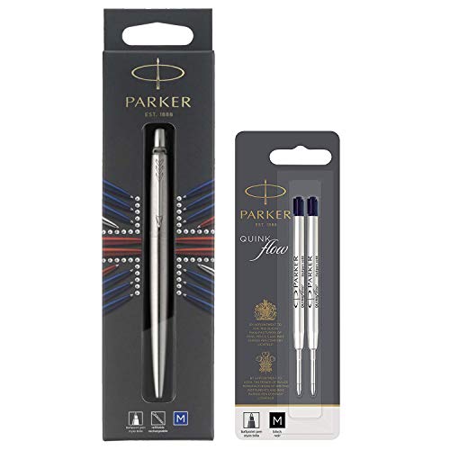 Parker Jotter Stainless Steel C.C. - Kugelschreiber + Parker 1950372 Quinkflow Nachfüllmine für Kugelschreiber mit mittlerer Spitze, 2er Packung, schwarz von PARKER