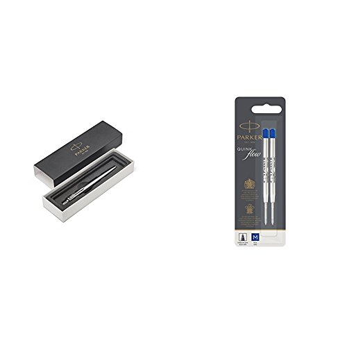 Parker Jotter Stainless Steel C.C. - Kugelschreiber + Parker 1950373 Quinkflow Nachfüllmine für Kugelschreiber mit mittlerer Spitze, 2er Packung, blau von PARKER