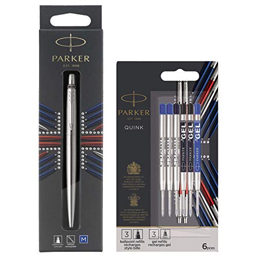 Parker Jotter Stainless Steel C.C. Kugelschreiber + Parker 2032738 Jotter London Nachfüllminen im Discovery Pack (3 QuinkFlow-Nachfüllminen für Kugelschreiber und 3 Quink-Nachfüllminen mit Geltinte) von PARKER