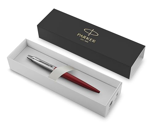 Parker Pen Jotter Premium-Kugelschreiber aus Edelstahl, Kensington, mittlere Spitze, schwarze Tinte, in Geschenkbox (Rot, 1 Stück) von PARKER