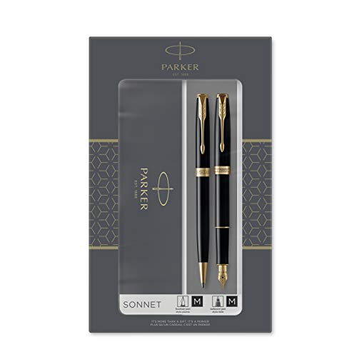 Parker Sonnet Duo-Geschenkset mit Kugelschreiber und Füller (Feder aus 18 Karat Gold) | Hochglänzend Schwarz mit Goldzierteilen | Nachfüllmine und -patronen mit schwarzer Tinte | Geschenkbox von PARKER