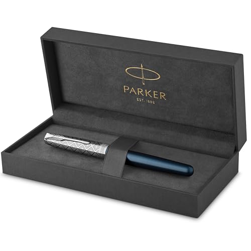 Parker Sonnet Füller | Premium Metal & Blue Satinierung mit Chromverkleidung | Füllfederhalter Feine 18 Karat Goldfeder mit schwarzer Tintenpatrone | Geschenkbox von PARKER