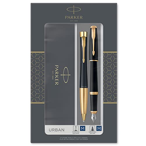 Parker Urban Duo-Geschenkset mit Kugelschreiber und Füller | schwarz-goldene Zierteile | Nachfüllmine und -patronen mit blauer Tinte | Geschenkbox von PARKER