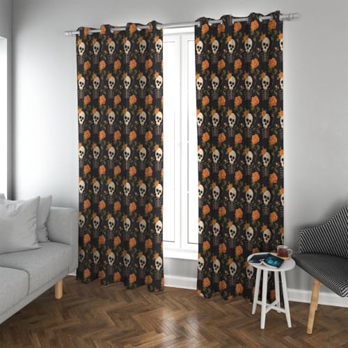 PARREN Bauernhaus Retro Verdunkelungsvorhänge Gelbe Blumen und Totenkopf Muster Vorhänge für Wohnzimmer Verdunkelung Thermovorhänge 2 Panel Set 250x250cm von PARREN