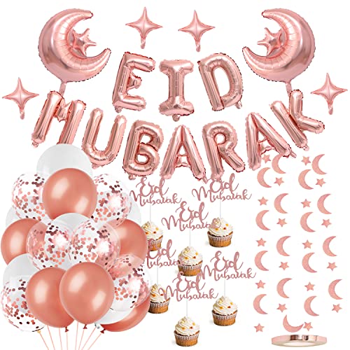 42PCS Eid Mubarak Dekoration, rosa Eid Mubarak Folie Ballon Banner und Latex Ballons Mond Sterne Papier Banner Stücke Urlaub Dekorationen, islamische Rose Gold Party Supplies für Home Decoration von PARSUP