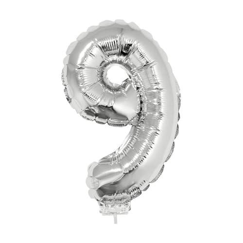 PARTY DISCOUNT NEU Mini-Folienballon am Papierstäbchen, Zahl 9, Silber, ca. 40cm von PARTY DISCOUNT