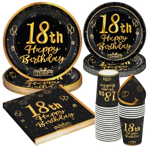 96 Stück Schwarz und Gold Geburtstag Party Geschirr Set, 18th Schwarz und Gold Geburtstag Party Geschirr Pappteller Set,für Kinder Geburtstag Party Tischdekoration 24 Gäste von PARTY GO