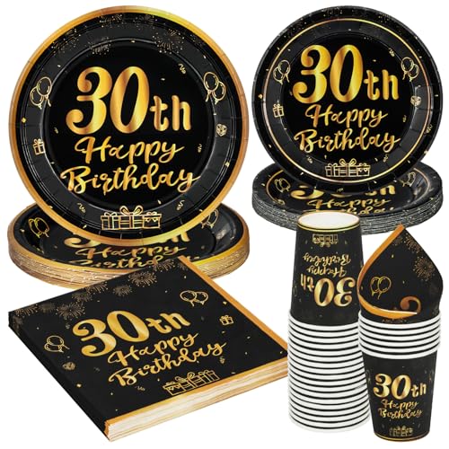 96 Stück Schwarz und Gold Geburtstag Party Geschirr Set, 30th Schwarz und Gold Geburtstag Party Geschirr Pappteller Set,für Kinder Geburtstag Party Tischdekoration 24 Gäste von PARTY GO