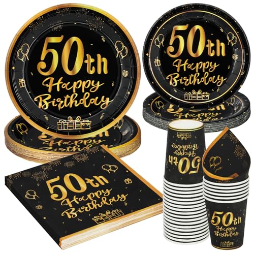 96 Stück Schwarz und Gold Geburtstag Party Geschirr Set, 50th Schwarz und Gold Geburtstag Party Geschirr Pappteller Set,für Kinder Geburtstag Party Tischdekoration 24 Gäste von PARTY GO